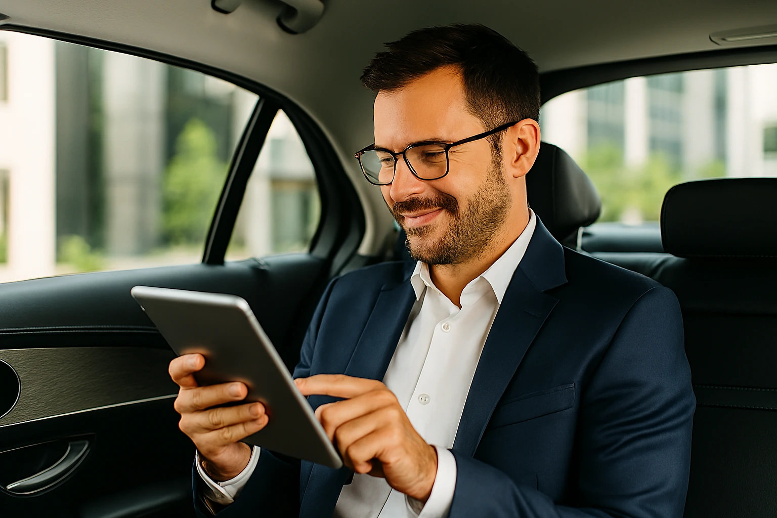 Man smiling while reviewing camera